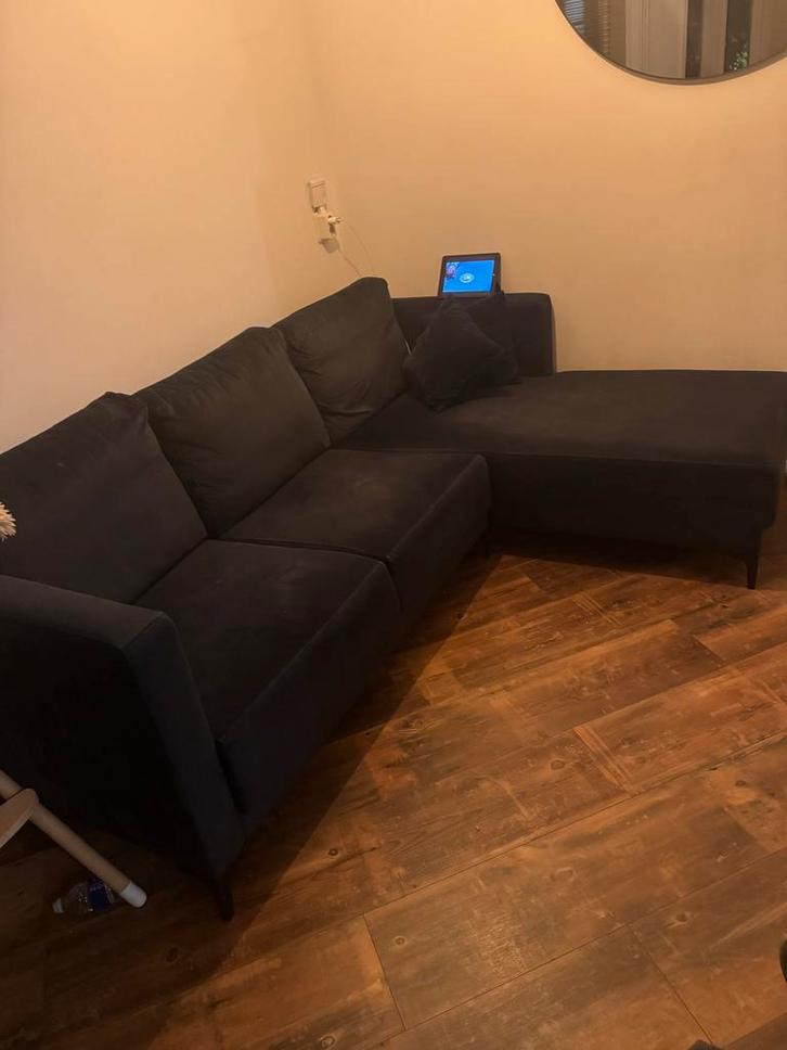 Donkerblauwe Sofa met Chaise Longue, Huis en Inrichting, Banken | Sofa's en Chaises Longues, Gebruikt, Driepersoons, 75 tot 100 cm