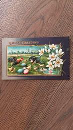 Paasgroeten. Reliëfkaart. Haan, eend, kuikens, bloemen., Ophalen of Verzenden, Voor 1920, Ongelopen, Natuur