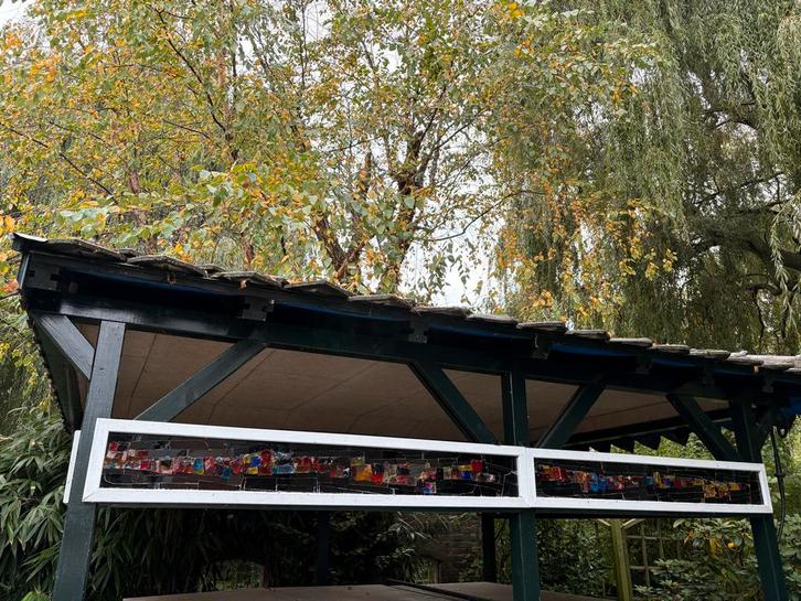 Terrasoverkapping met glaspaneel in houten frame, Tuin en Terras, Overkappingen, Gebruikt, Veranda, Ophalen of Verzenden