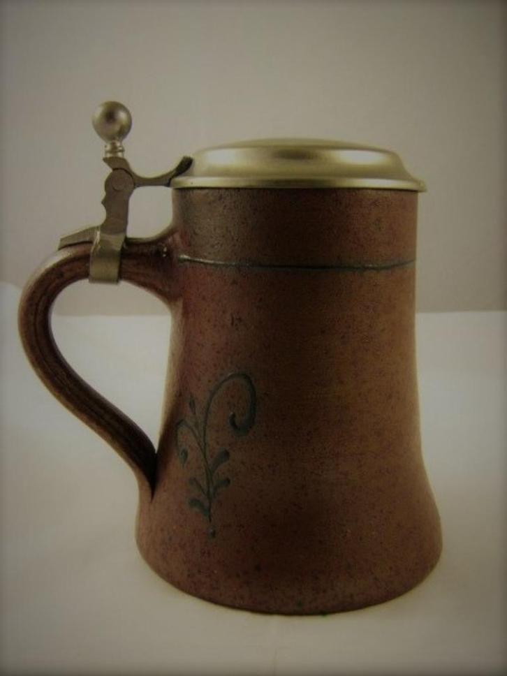Bierkruik Bierpul bruin steengoed met tinnen deksel (7183-5), Antiek en Kunst, Curiosa en Brocante, Ophalen