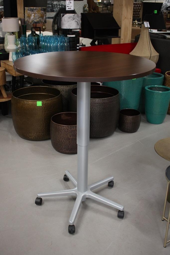 Ronde eettafel in hoogte verstelbaar naar bartafel + wielen, Huis en Inrichting, Stoelen, Zo goed als nieuw, Eén, Hout, Metaal