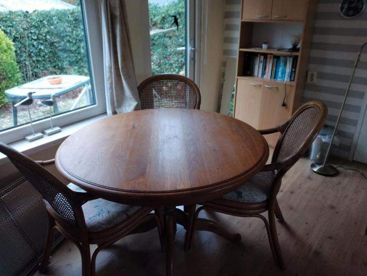 Tafel met 4 stoelen, Huis en Inrichting, Tafels | Eettafels, Gebruikt, 100 tot 150 cm, 100 tot 150 cm, Vier personen, Rond, Eikenhout