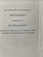 Schapendonk - Schellen 1927 Udenhout 2002 Maastricht, Ophalen of Verzenden, Rouwkaart