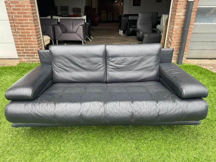 Rolf Benz 6500 bank blauwe leren design bankstel, Huis en Inrichting, Banken | Bankstellen, Gebruikt, Rechte bank, Tweepersoons