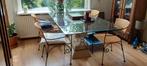 Eettafel, glazen blad, open voet, metaal en steen, Ophalen, Gebruikt, Glas, 50 tot 100 cm