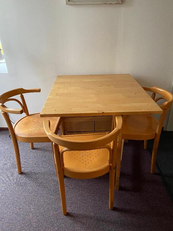 Uitschuiftafel grenen met 3 stoelen, Huis en Inrichting, Tafels | Eettafels, Gebruikt, 50 tot 100 cm, 50 tot 100 cm, Rechthoekig