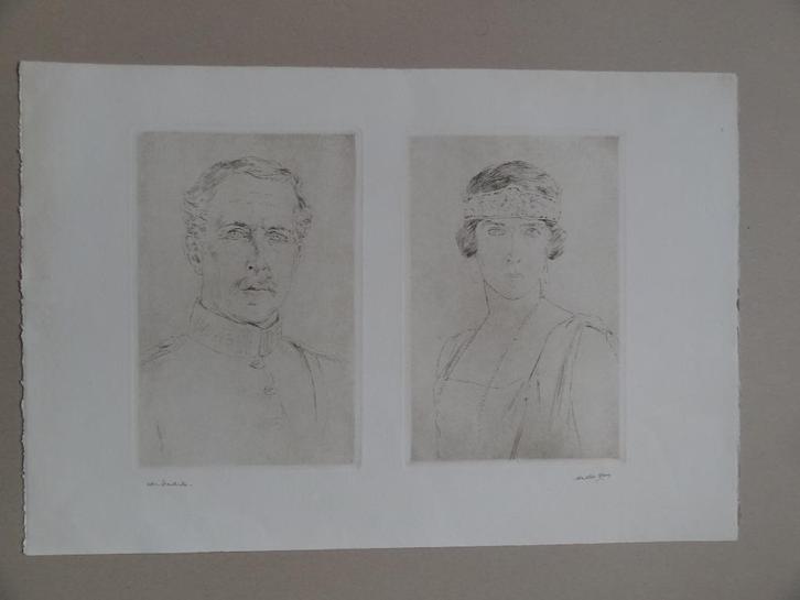 Walter Vaes (1882-1958) dubbele ets Albert I en Elisabeth, Antiek en Kunst, Kunst | Etsen en Gravures, Verzenden