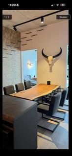 Houten boomstamtafel met opmaatgemaakte voetstuk, Huis en Inrichting, Ophalen, Eikenhout, 50 tot 100 cm, Vijf personen of meer