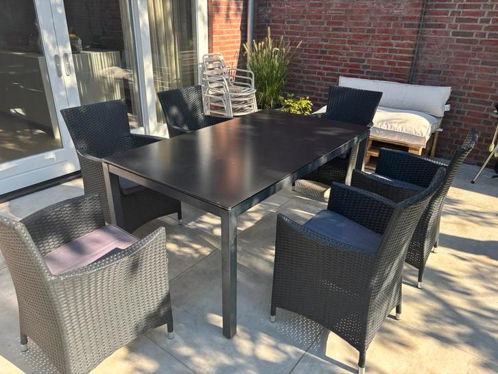 Tuinset +6 stoelen en kussentjes antrasiet, Tuin en Terras, Tuinsets en Loungesets, Gebruikt, Aluminium, Ophalen