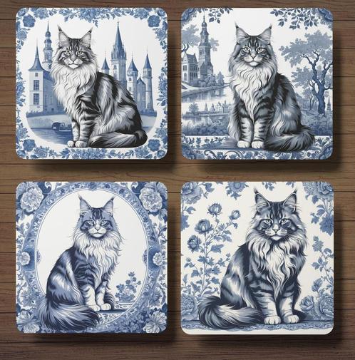 Maine Coon Delfts Blauw onderzetters met houder, Huis en Inrichting, Woonaccessoires | Onderzetters, Nieuw, Glas of Kopje, Ophalen of Verzenden
