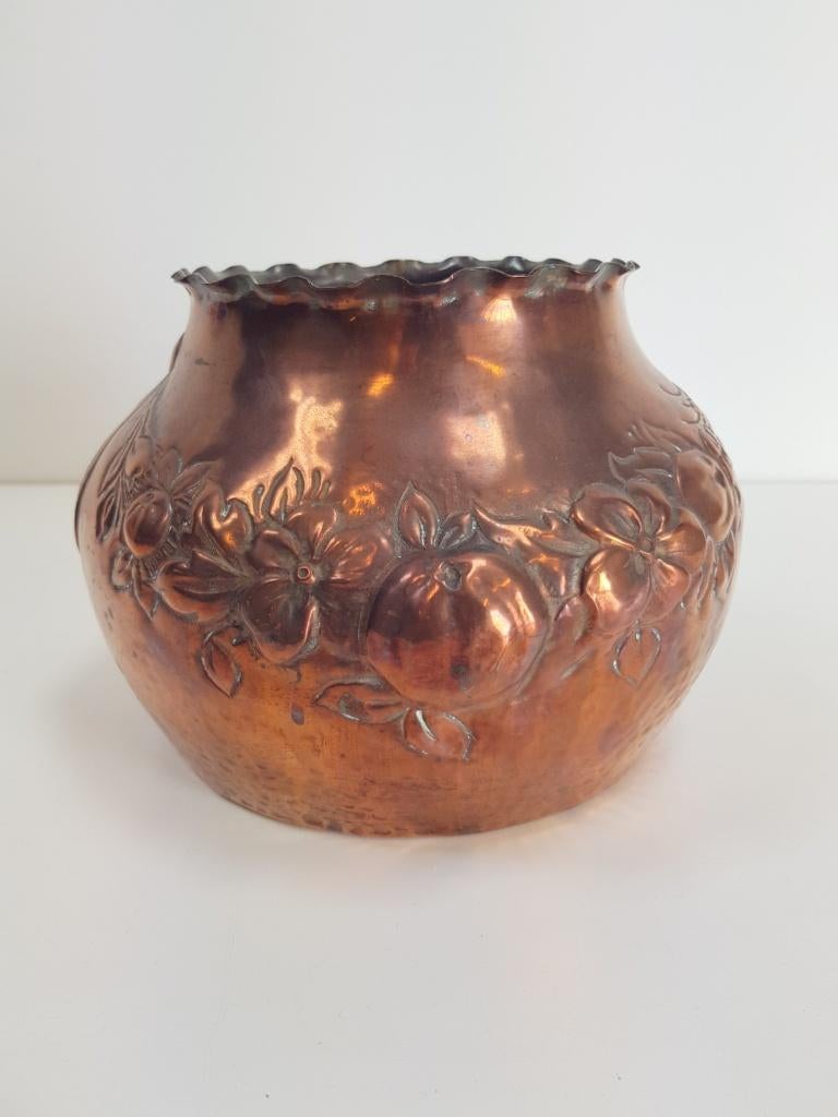 Art deco koper plantenpot zwaluwstaart handgemaakt bloempot, N, Rond, Binnen, Ophalen of Verzenden