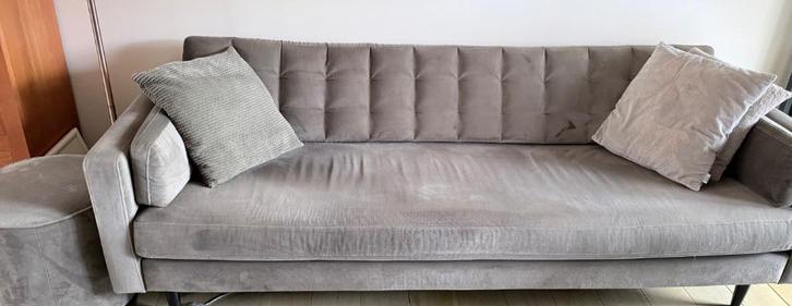 3 zits bank fluweel olijfbeige met hocker, Huis en Inrichting, Banken | Bankstellen, Gebruikt, Rechte bank, Driepersoons, 200 tot 250 cm