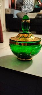 Glazen Bon Bon schaaltje . Groen met gouden decoratie, Antiek en Kunst, Antiek | Glas en Kristal, Ophalen of Verzenden