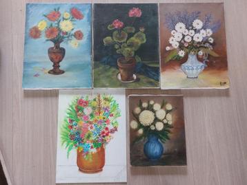 5 olieverfschilderijen met bloemen beschikbaar voor biedingen