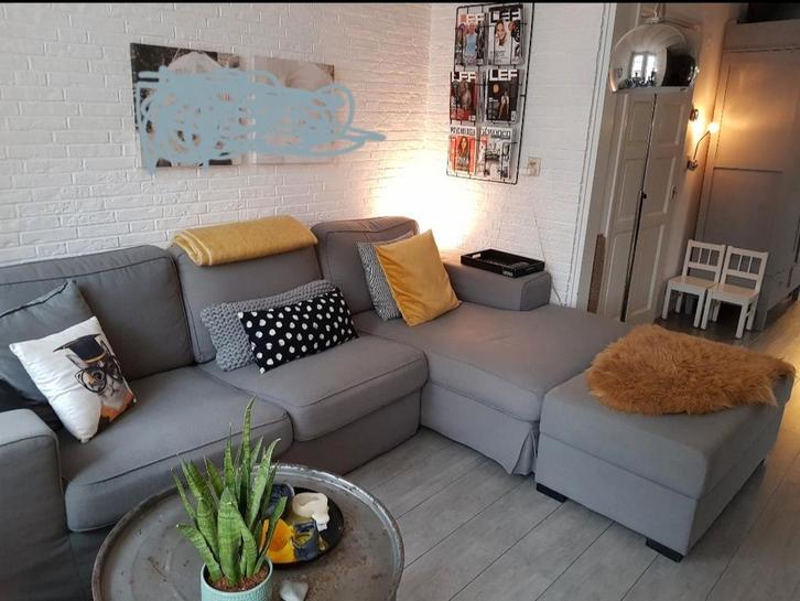 Grijze hoekbank met chaise longue, Huis en Inrichting, Banken | Complete zithoeken, Gebruikt, Stof, Ophalen of Verzenden