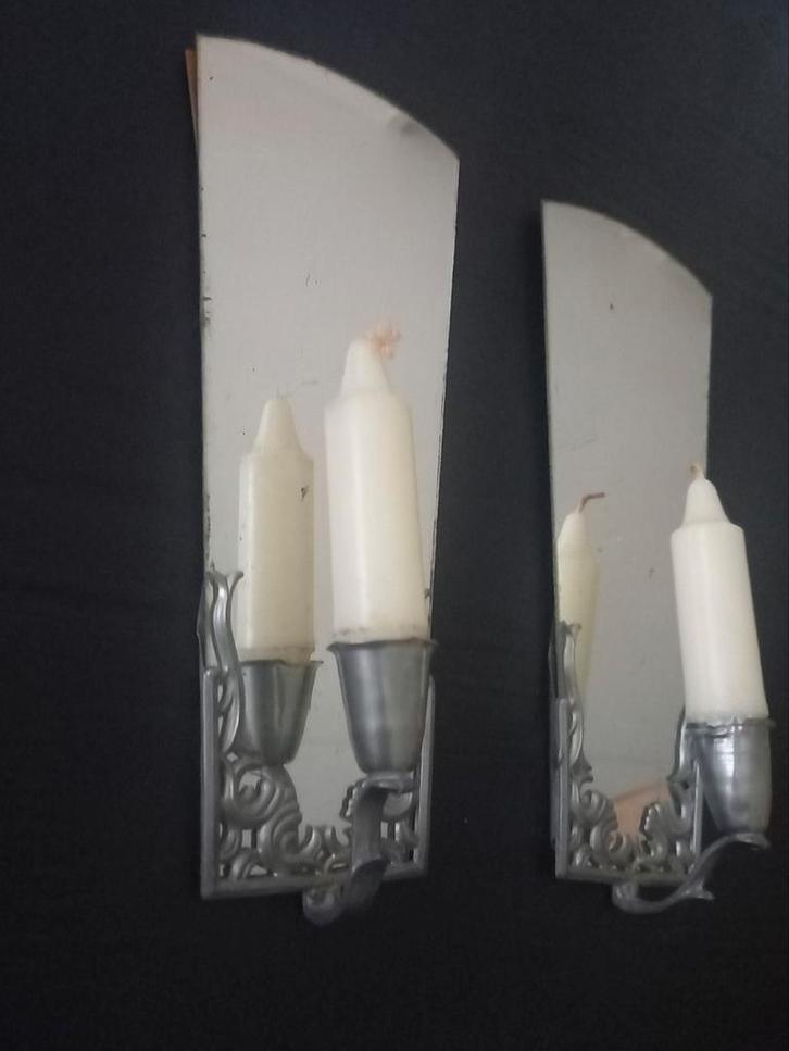 Zeer oude tinnen wandkandelaars met spiegeltje, Antiek en Kunst, Antiek | Kandelaars, Overige materialen, Ophalen