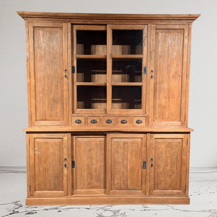 Buffetkast – Vitrinekast teakhout landelijk met schuifdeuren, Huis en Inrichting, Kasten | Buffetkasten, Nieuw, 200 cm of meer