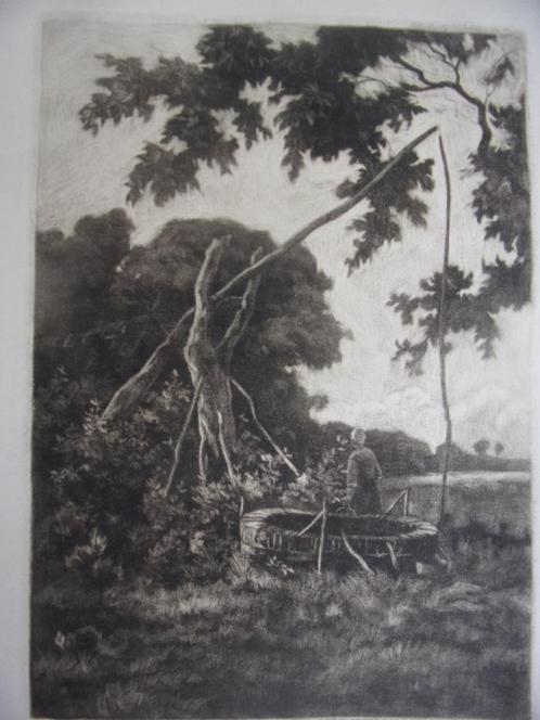 Waterput met vrouw in landschap Ets  Eduard August Becht, Antiek en Kunst, Kunst | Etsen en Gravures, Ophalen of Verzenden
