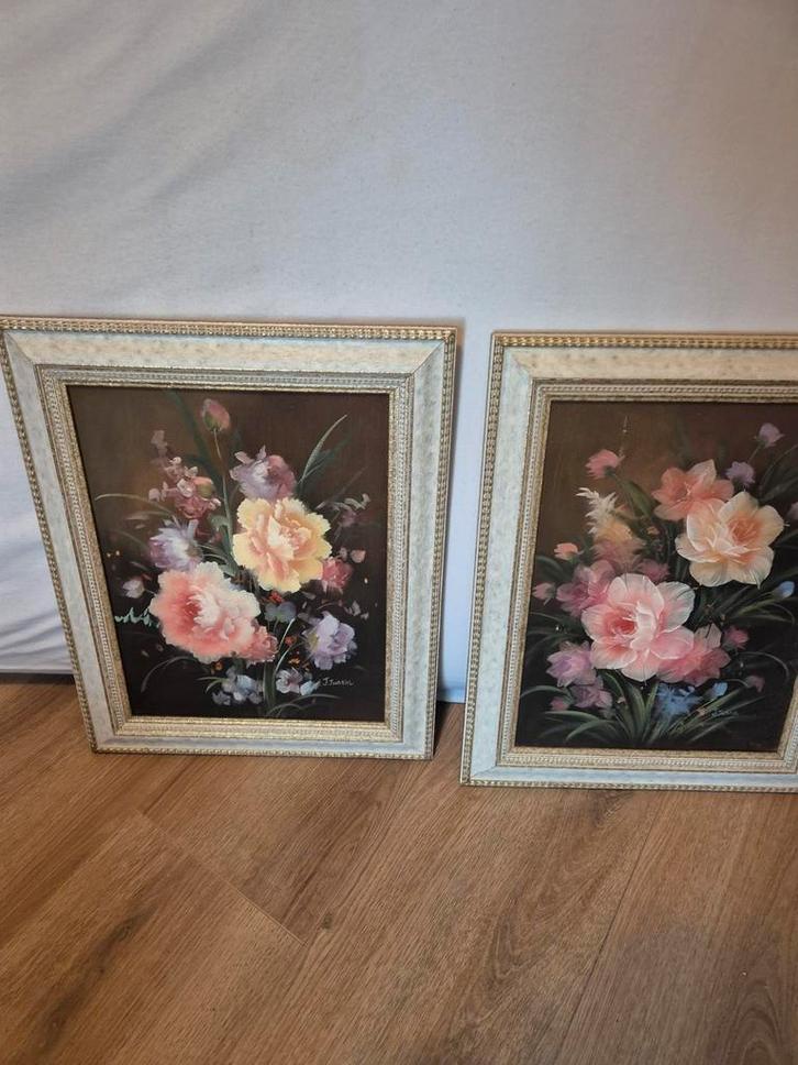 Gesigneerde Bloemstillevens Josh Justin in Sierlijst, Antiek en Kunst, Kunst | Schilderijen | Klassiek, Ophalen of Verzenden