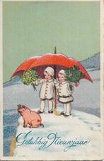 NIEUWJAAR Kinderen paraplu biggetje in sneeuw uit jaren 30, Verzamelen, Ansichtkaarten | Themakaarten, Verzenden, 1920 tot 1940