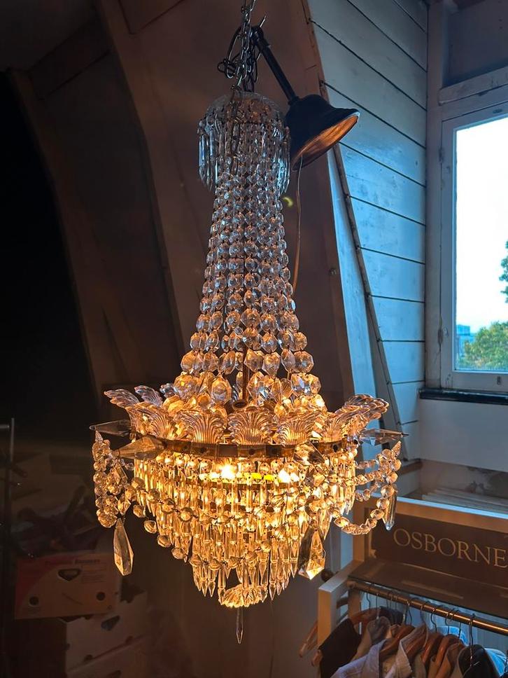 Kristallen Kroonluchter met pegels en schelpvirm, Huis en Inrichting, Lampen | Kroonluchters, Gebruikt, Glas, Ophalen