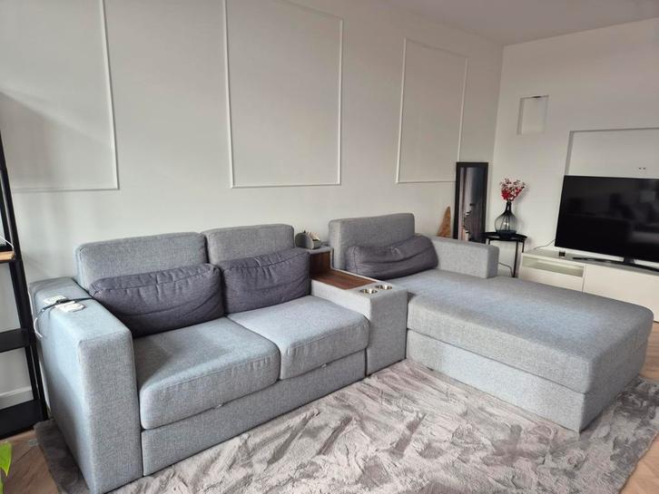 Grijze Hoekbank met Loungegedeelte - Zo goed als nieuw!, Huis en Inrichting, Banken | Bankstellen, Gebruikt, Hoekbank, Vierpersoons of meer