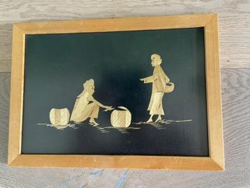 Stro marquetry paneel. Aziatisch tafereel inlegwerk oosters. beschikbaar voor biedingen