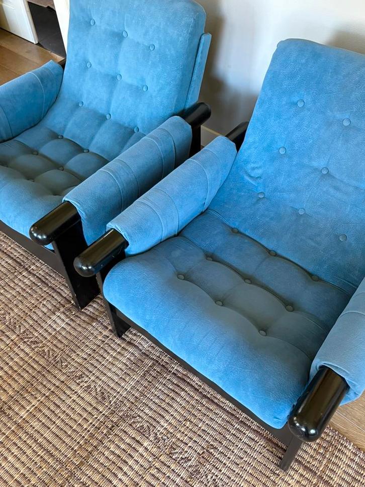 Vintage korenblauw set fauteuils jaren70 design, Huis en Inrichting, Fauteuils, Zo goed als nieuw, Hout, Stof, 75 tot 100 cm, 75 tot 100 cm