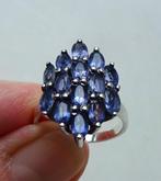 Zilveren fantasie ring: 14 x tanzaniet + 2 x witte topaas, Blauw, Ophalen of Verzenden, Zo goed als nieuw, 17 tot 18