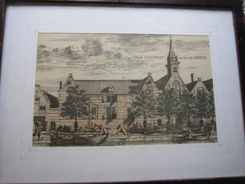 Delft, Kleuren gravure Gasthuis met Kerk met schade beschikbaar voor biedingen