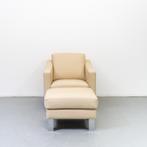1x Leolux Antonia Fauteuil + Hocker Crème Leder - Aluminium, Huis en Inrichting, 75 tot 100 cm, Ophalen of Verzenden, Zo goed als nieuw