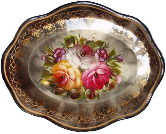 Russisch staal handbeschilderd dienblad Zhostovo Jostovo, Huis en Inrichting, Woonaccessoires | Dienbladen, Nieuw, Metaal, Ovaal