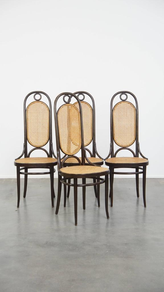 4 x Hoge vintage bentwood “Long John” Thonet design stoel, Huis en Inrichting, Stoelen, Gebruikt, Vier, Hout, Riet of Rotan, Bruin