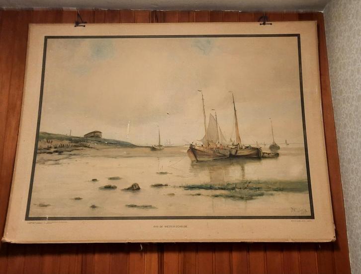 Antieke schoolplaat 'Aan de Wester-schelde' ca 1912-1933, Antiek en Kunst, Antiek | Schoolplaten, Ophalen