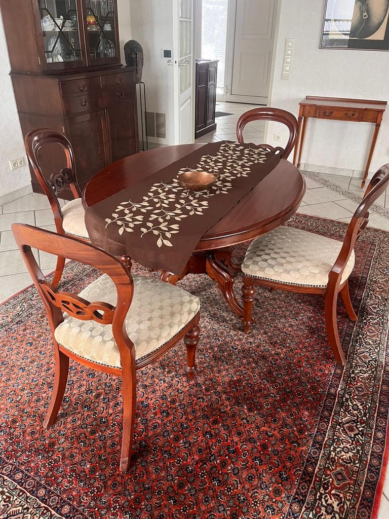 Antieke mahonie eettafel ovaal met 6 stoelen, Huis en Inrichting, Tafels | Eettafels, Ophalen, Gebruikt, 100 tot 150 cm, Vijf personen of meer