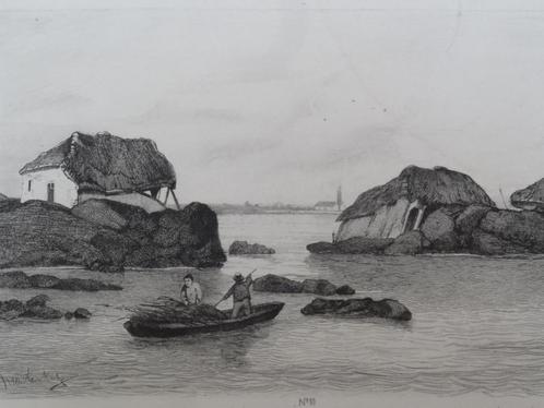 ets overstroming Dreumel de Waal 1855 weggezakte huizen, Antiek en Kunst, Kunst | Etsen en Gravures, Verzenden