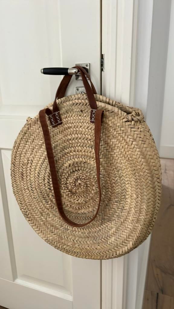 Rieten tas met leren hengsels, Ophalen of Verzenden, Gebruikt, Beige, Shopper