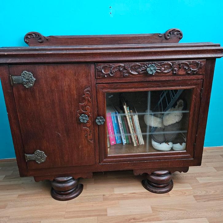 Antiek - Vintage Theekastje met Lade en Originele Ruit, Antiek en Kunst, Antiek | Meubels | Kasten, Ophalen