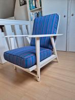 vintage fauteuil met blauw en rood gestreepte kussens, Ophalen, Gebruikt, 75 tot 100 cm, 50 tot 75 cm