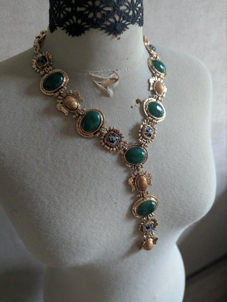 Vintage stijl Y-Collier Statement Ketting Goud Groen Beige, Sieraden, Tassen en Uiterlijk, Kettingen, Ophalen of Verzenden