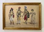 Antieke ingekleurde tekening met kostuums uit de 19e eeuw, Ophalen of Verzenden