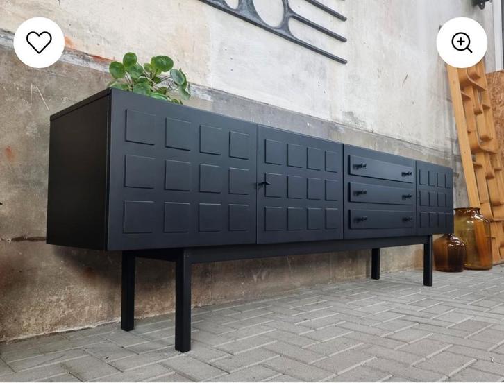 Zwart mid century dressoir ‘60, Huis en Inrichting, Kasten | Dressoirs, Zo goed als nieuw, 200 cm of meer, 25 tot 50 cm, Met deur(en)