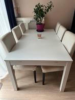 Bjursta uitschuifbare eettafel en zes Hendriksdal stoelen, Ophalen, Gebruikt, Modern, 6 tot 8 stoelen