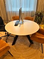 Ronde witte tafel met houten zwart onderstel, Ophalen, Gebruikt, 100 tot 150 cm, Rond