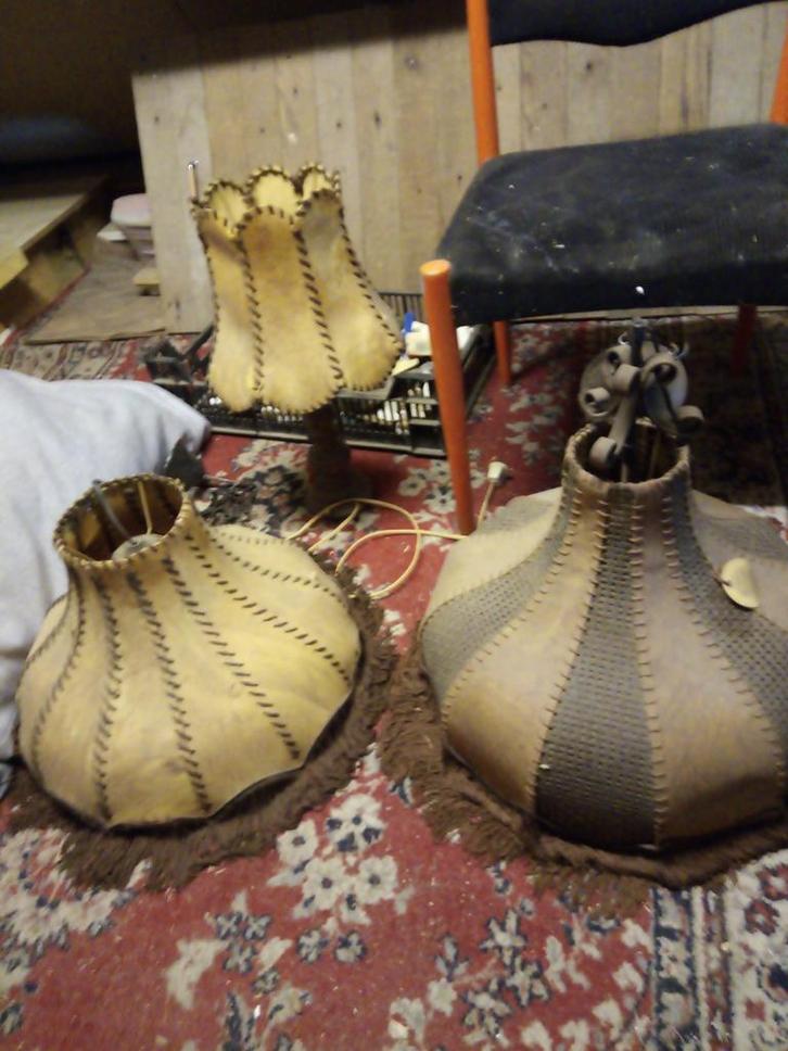 Vintage Lederen Lampen Set,2 hanglampen en 1 schemerlamp, Huis en Inrichting, Lampen | Vloerlampen, Gebruikt, Minder dan 100 cm