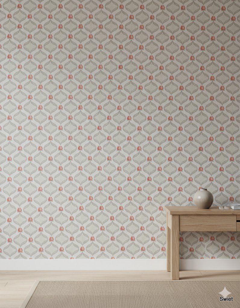 1722 Retro tulpen behang roze grijs jaren 50 stijl vintage, Huis en Inrichting, Stoffering | Behang, Ophalen of Verzenden, 50 tot 75 m²