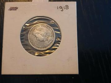 Zilveren 25 cent munt 1918 Koningin Wilhelmina Fraaie munt  beschikbaar voor biedingen