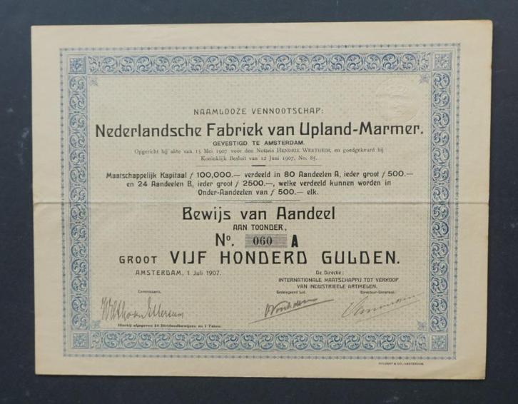 Nederlandsche Fabriek van Upland Marmer - A'dam 1907, Postzegels en Munten, Aandelen en Waardepapieren, Aandeel, Voor 1920, Verzenden