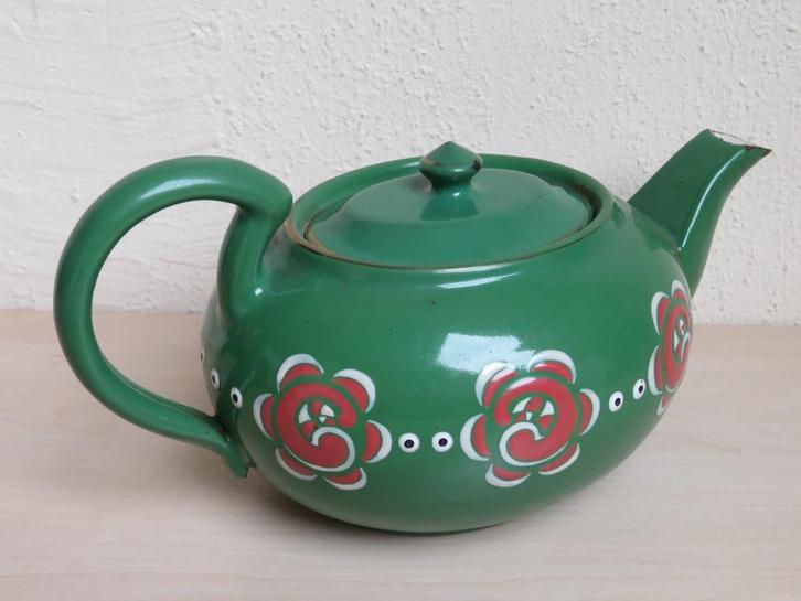 Groene geëmailleerde theepot met bloemmotief, Antiek en Kunst, Curiosa en Brocante, Ophalen of Verzenden