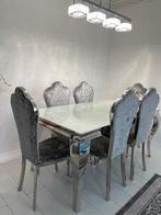 Salontafel en eettafel met 6 stoelen., Zo goed als nieuw, Vijf personen of meer, Glas, 150 tot 200 cm